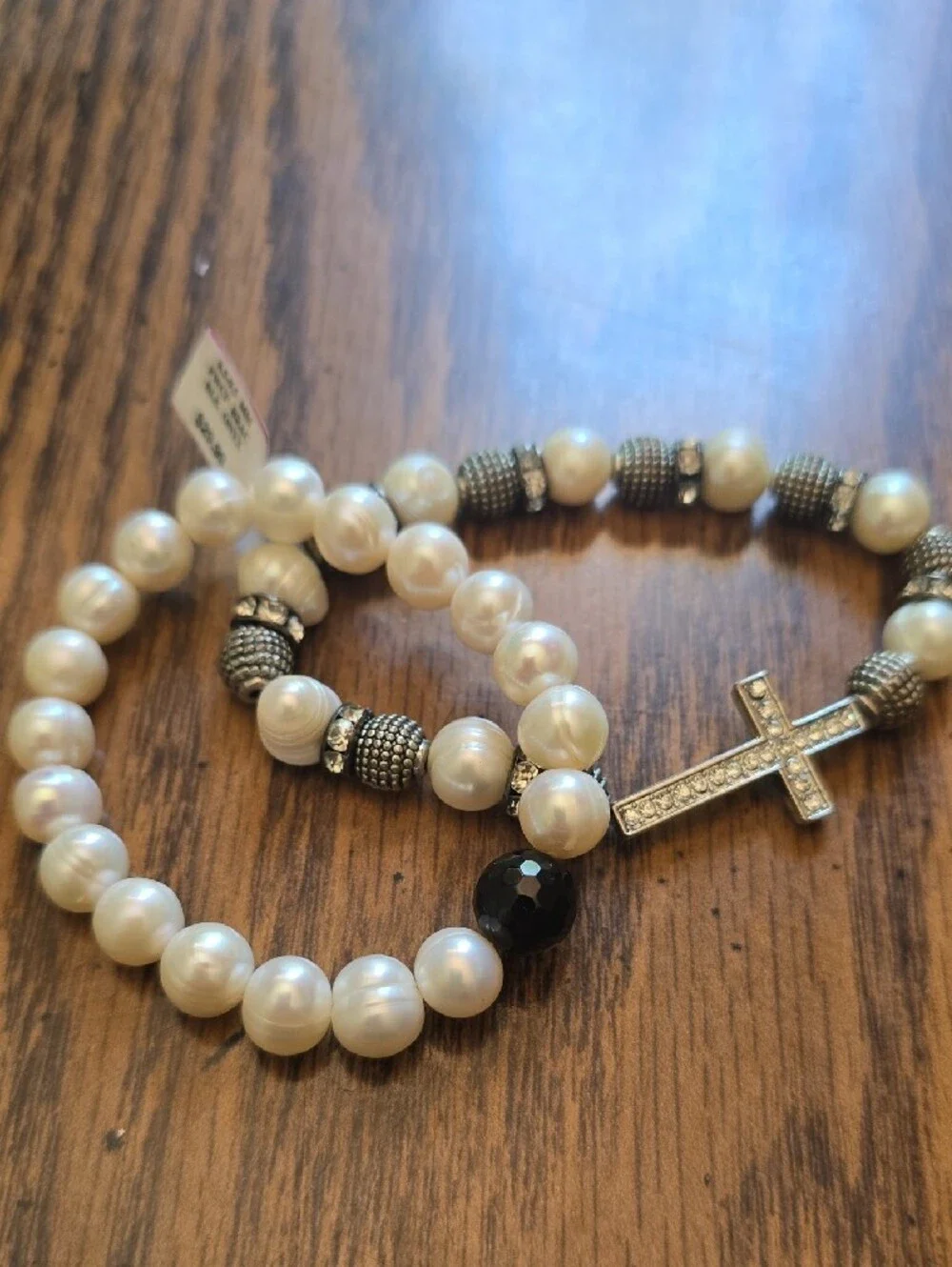 NWT Pearl Bead Stretch Bracelet Set with Cross Accent - White and Silver
